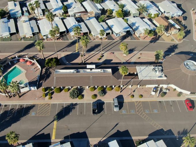 Aerial view of clubhouse and pool area